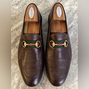 GUCCI Brixton Horsebit Brown Leather Web Loafers 9.5/ 10 US  1953 Moccasin $1100